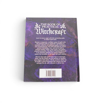 The Witches' Quest The Book of Practical Witchcraft hardcover book back cover with purple and gold nebula design.