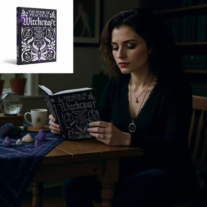 The Witches' Quest The Book of Practical Witchcraft hardcover book being read by a woman in a dimly lit room