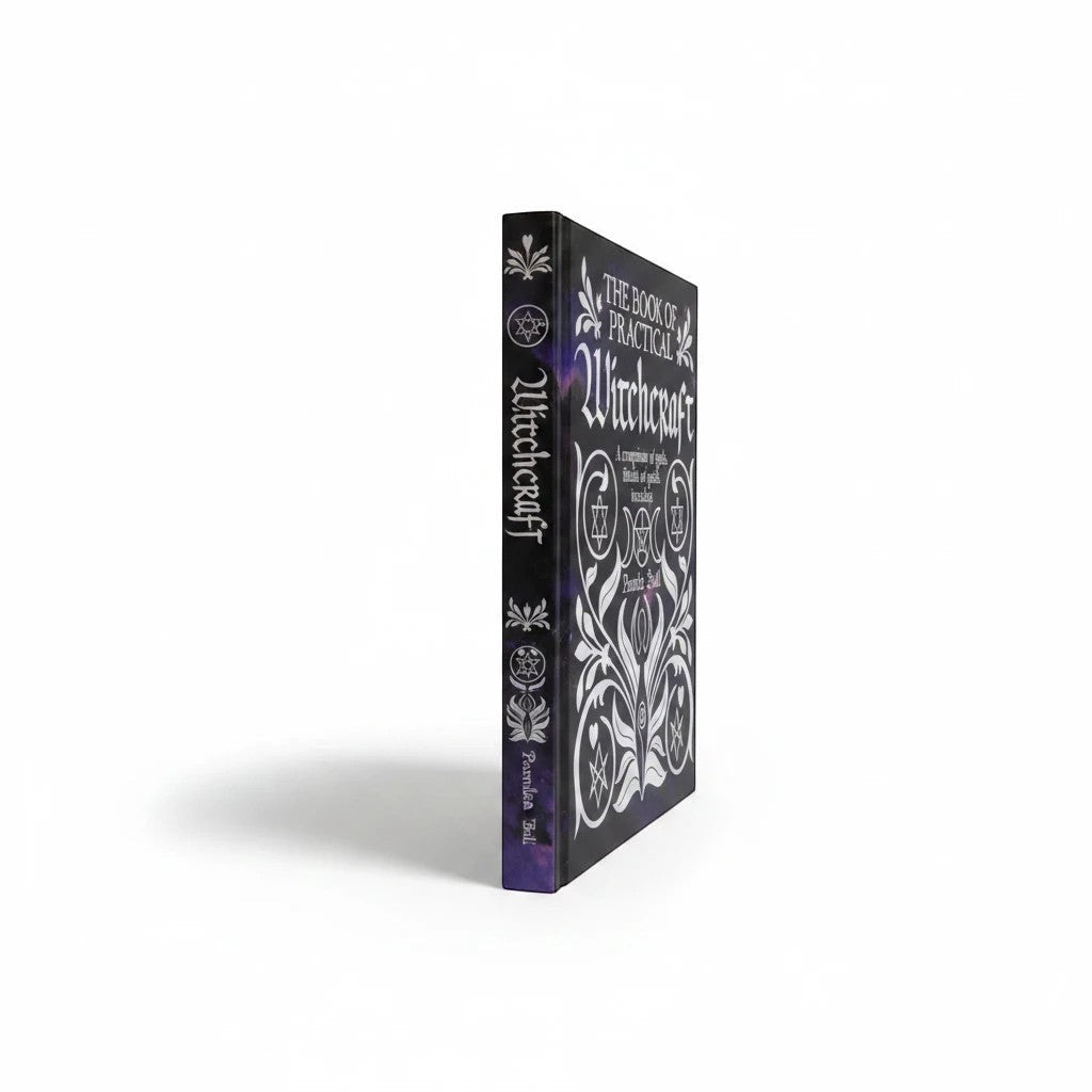 The Witches' Quest hardcover copy of The Book of Practical Witchcraft by Pamela Ball with black and purple cover