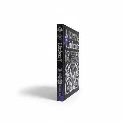 The Witches' Quest hardcover copy of The Book of Practical Witchcraft by Pamela Ball with black and purple cover