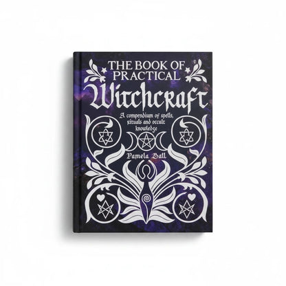 The Witches' Quest hardcover copy of The Book of Practical Witchcraft with purple nebula cover and white occult art