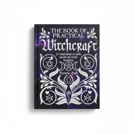 The Witches' Quest hardcover copy of The Book of Practical Witchcraft with purple nebula cover and white occult art