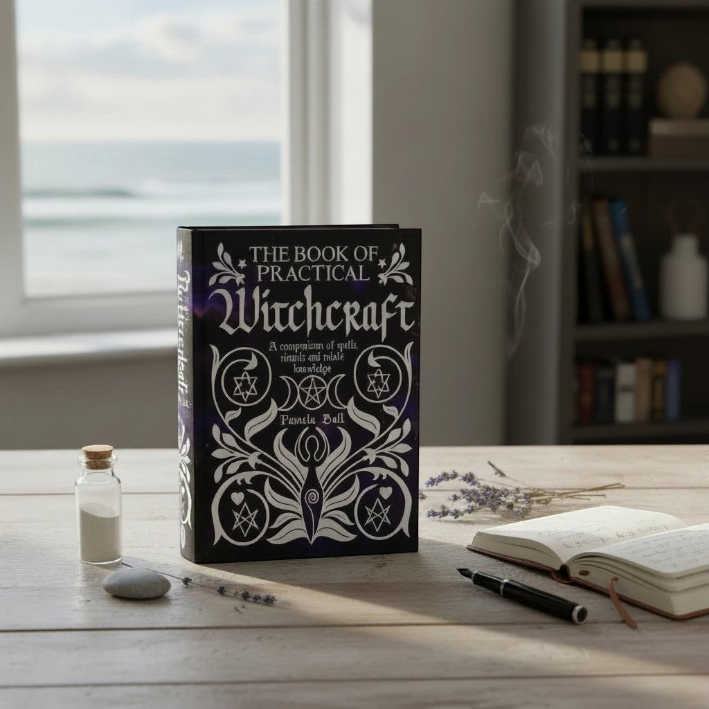 The Witches' Quest hardcover copy of The Book of Practical Witchcraft by Pamela Ball on a wooden desk with incense.