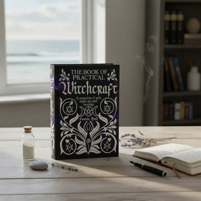 The Witches' Quest hardcover copy of The Book of Practical Witchcraft by Pamela Ball on a wooden desk with incense.