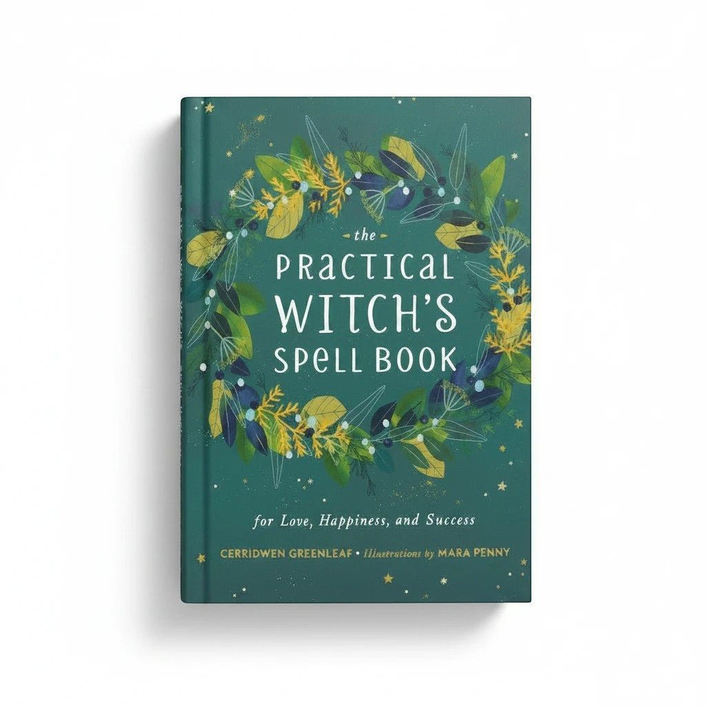 The Witches' Quest hardcover copy of The Practical Witch's Spell Book with green botanical cover illustration.