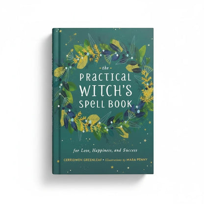 The Witches' Quest hardcover copy of The Practical Witch's Spell Book with green botanical cover illustration.