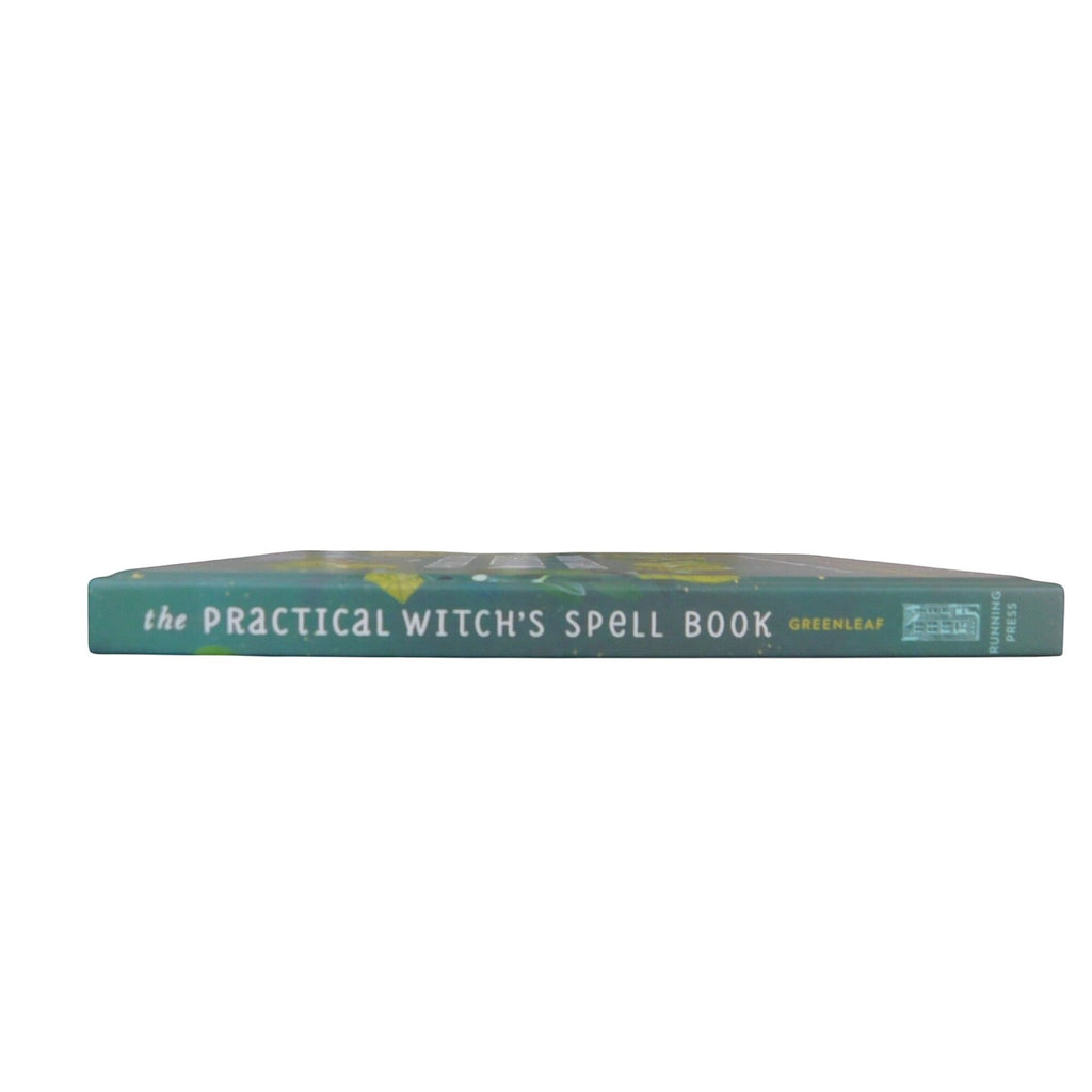 The Witches' Quest hardcover spine of The Practical Witch's Spell Book by Cerridwen Greenleaf in teal and gold