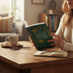 The Witches' Quest hardcover Practical Witchs Spell Book held by a woman at a wooden table with a steaming mug