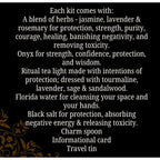 The Witches' Quest Protection Travel Altar Kit contents list including herbs, onyx, ritual candle, and black salt.