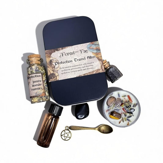 The Witches' Quest protection travel altar kit with herbs, onyx stone, ritual candle, Florida water, and charm spoon.