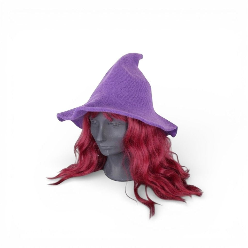 The Witches' Quest purple knit witch hat with a wide brim and pointed top on a mannequin with wavy red hair