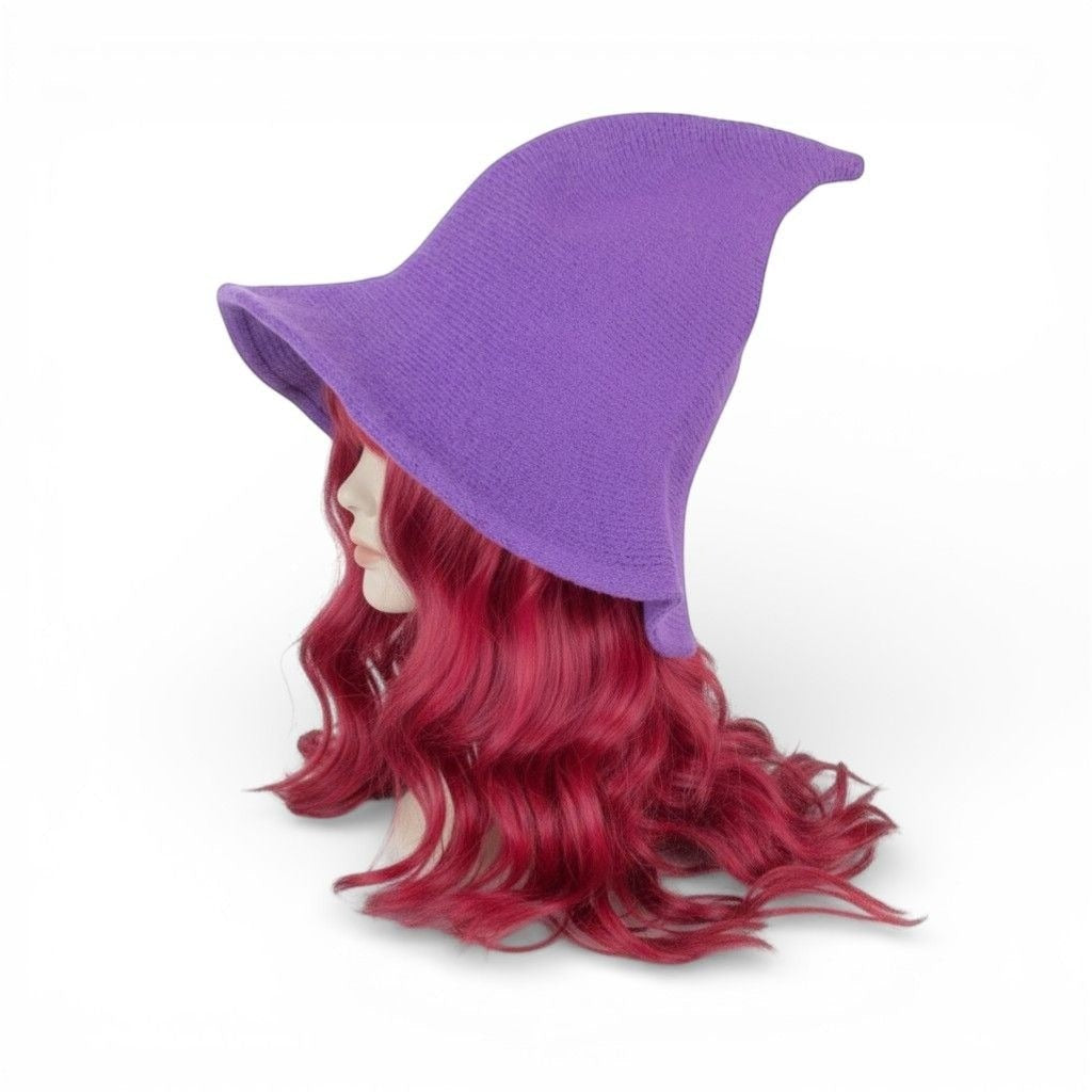 The Witches' Quest purple knit witch hat with a wide brim and pointed top on a mannequin with vibrant red hair