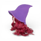 The Witches' Quest purple knit witch hat with a wide brim and pointed top on a mannequin with vibrant red hair