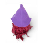 The Witches' Quest purple knit witch hat with a wide brim and pointed top, worn over long wavy red hair.