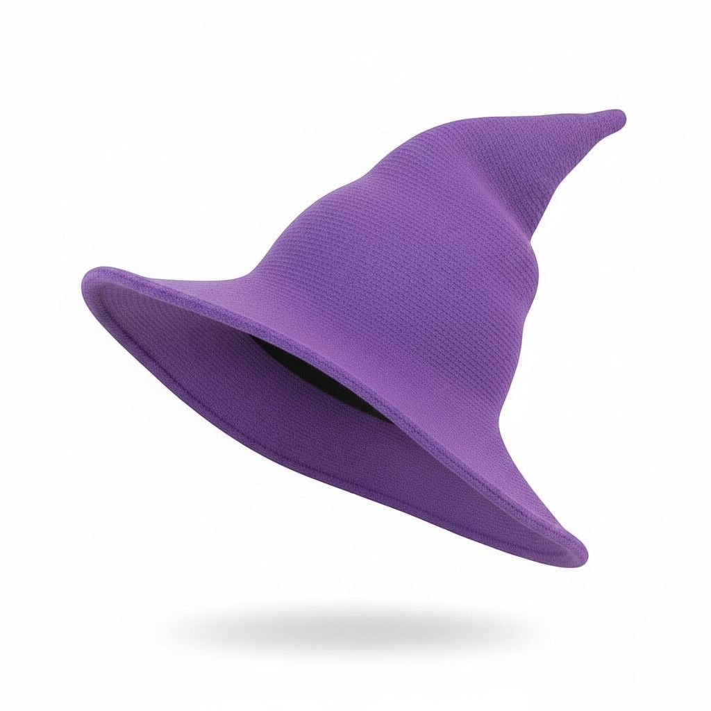 The Witches' Quest purple knit witch hat with a soft textured finish and a wide, flexible brim.