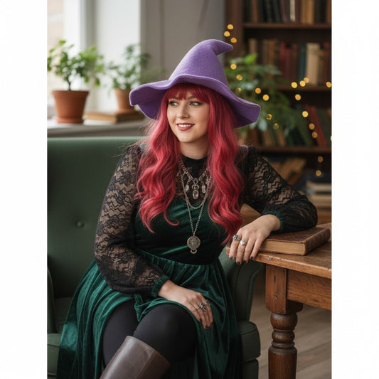 The Witches' Quest purple knit witch hat with a wide brim worn by a woman with long red hair in a cozy library setting