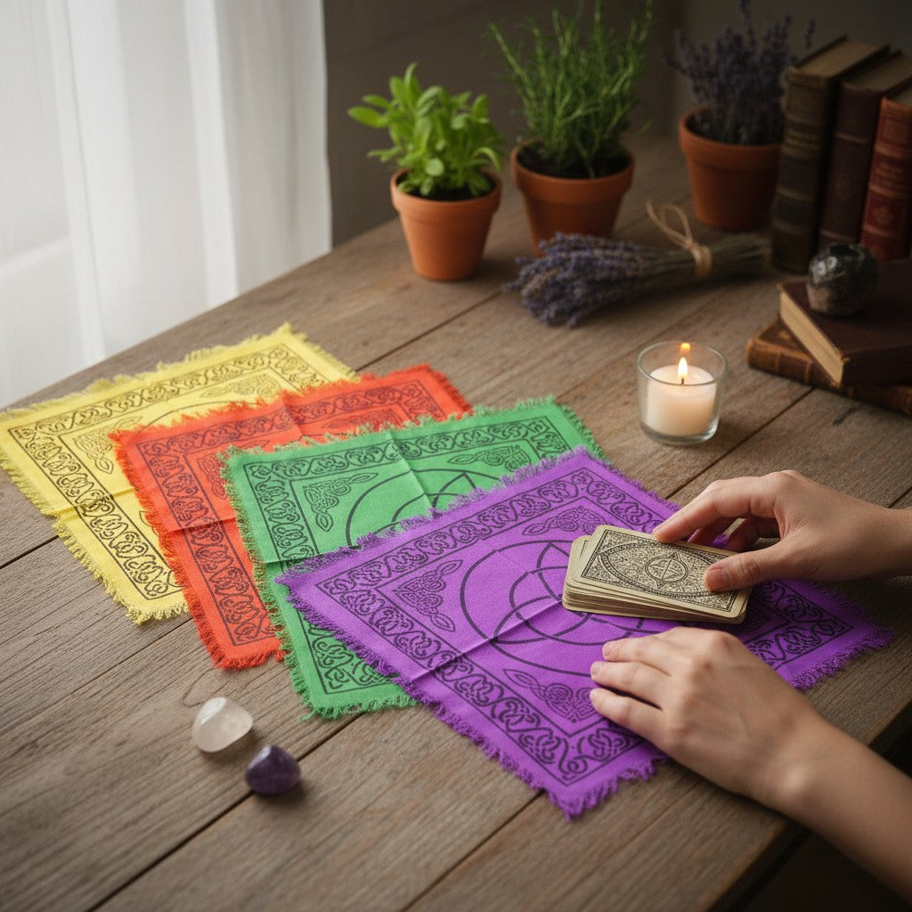 The Witches' Quest set of four rainbow-colored altar cloths with black Celtic knotwork and triquetra symbols on a table