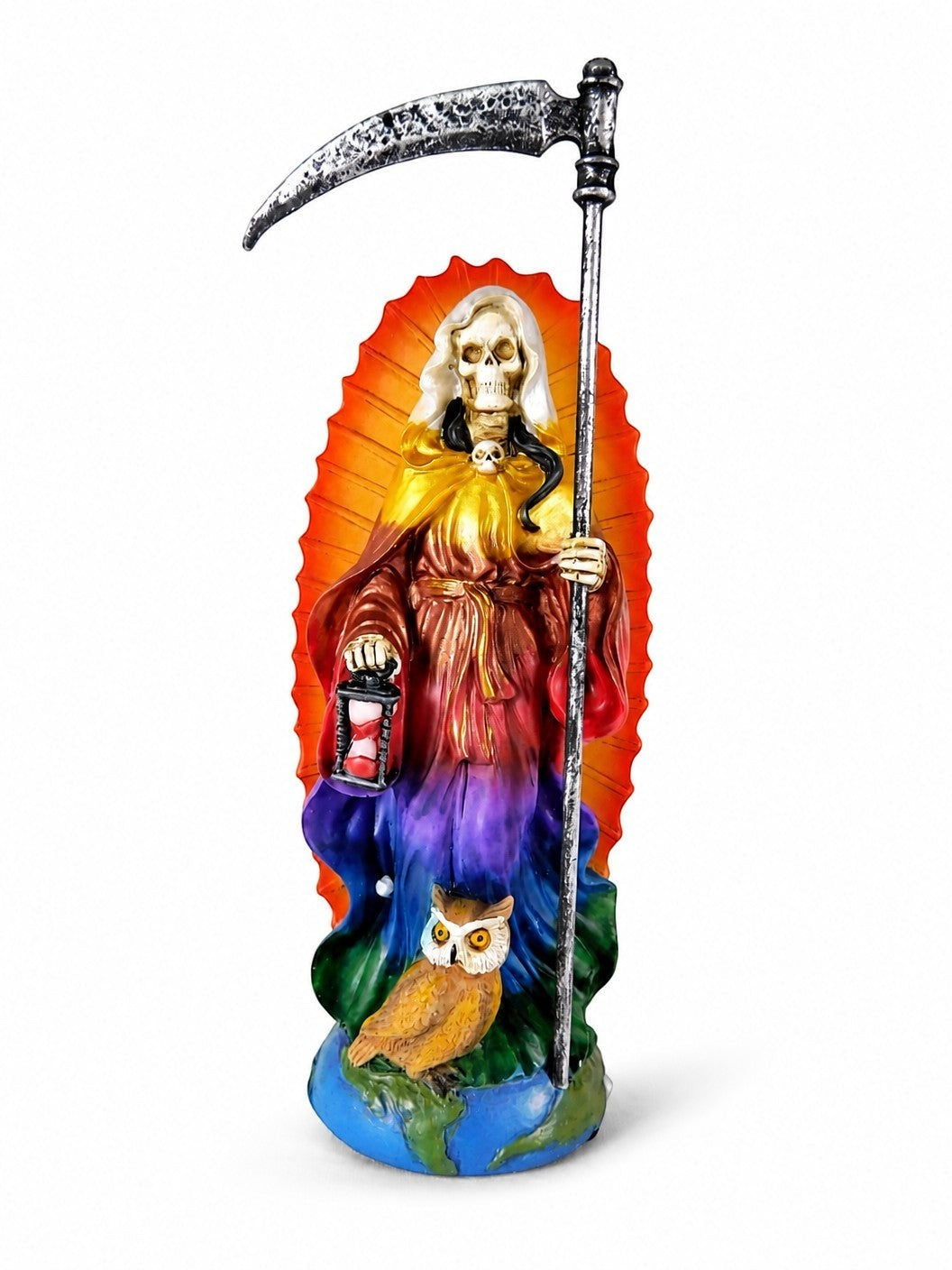 The Witches' Quest 7-inch rainbow Santa Muerte resin statue with scythe, lantern, and owl on a globe base.