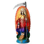 The Witches' Quest rainbow Santa Muerte statue holding a scythe and hourglass with an owl at her feet