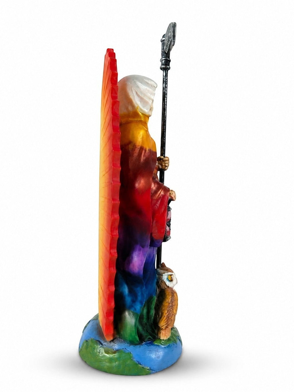 The Witches' Quest 7-inch rainbow Santa Muerte resin statue featuring a scythe, lantern, and owl, side profile view.