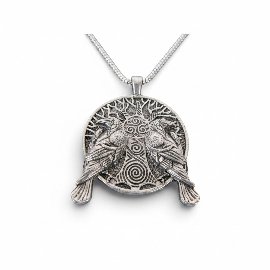 The Witches' Quest silver metal alloy pendant necklace featuring an intricate tree of life and twin raven design.