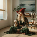 The Witches' Quest deep red pointed witch hat worn by a woman in a bohemian green velvet dress sitting in a sunlit room.