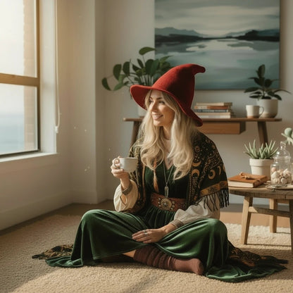 The Witches' Quest deep red pointed witch hat worn by a woman in a bohemian green velvet dress sitting in a sunlit room.