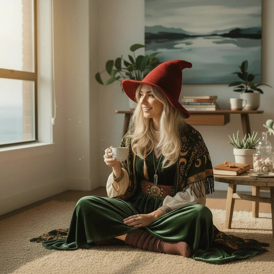 The Witches' Quest deep red pointed witch hat worn by a woman in a bohemian green velvet dress sitting in a sunlit room.
