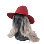 The Witches' Quest deep red pointed brim witch hat worn on a mannequin with long wavy blonde hair