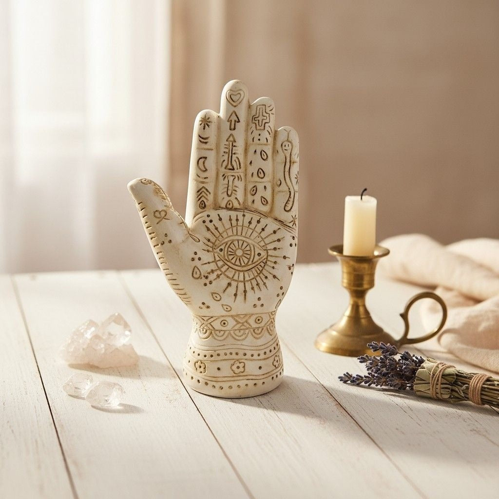 The Witches' Quest 5-inch resin palmistry hand sculpture with intricate mystical engravings in an antique beige finish.