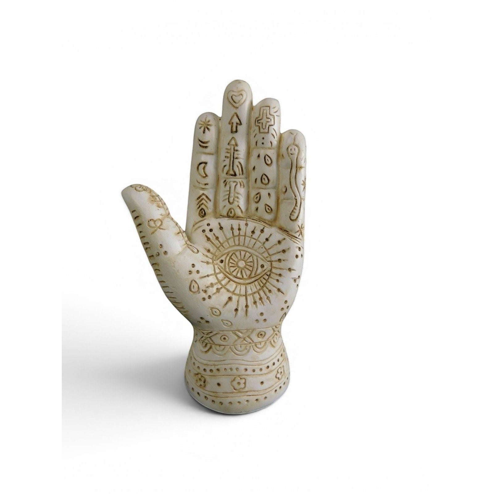 The Witches' Quest 5-inch beige resin palmistry hand sculpture with detailed mystical engravings and antique finish.