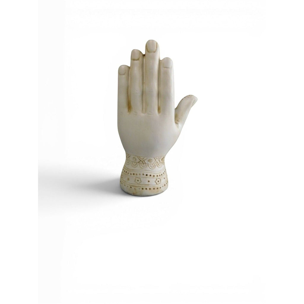 The Witches' Quest 5-inch beige resin palmistry hand sculpture with intricate antique-style engravings.