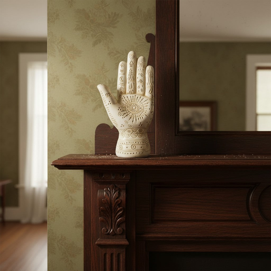 The Witches' Quest 5-inch beige resin palmistry hand sculpture with intricate mystical engravings on a wooden mantel.