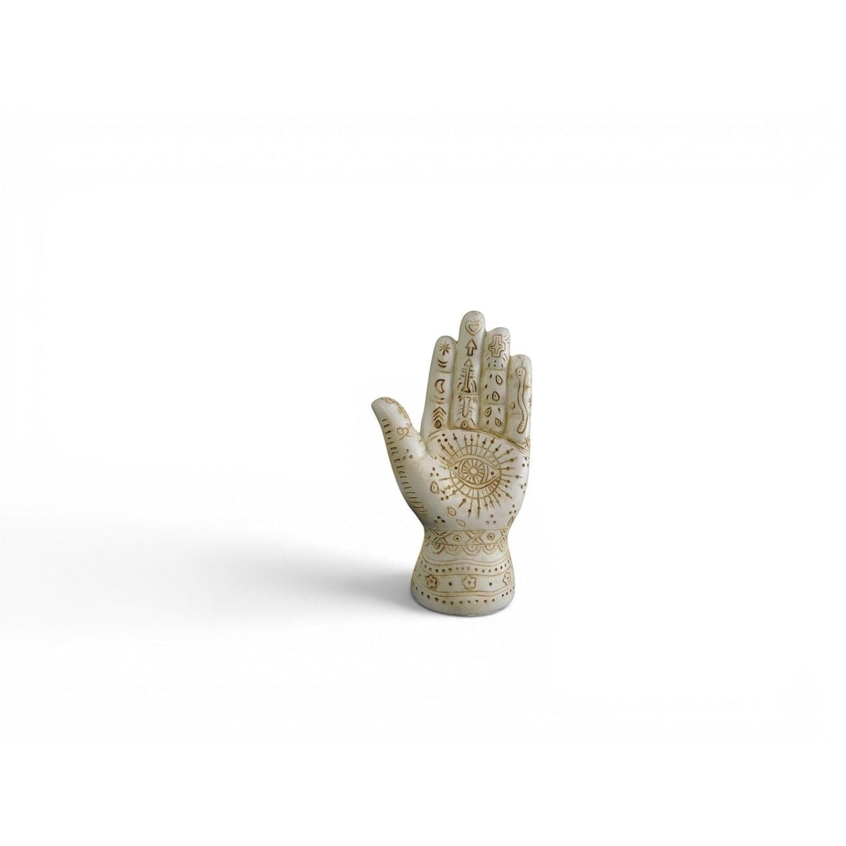 The Witches' Quest 5-inch beige resin palmistry hand sculpture with detailed mystical engravings and antique finish.