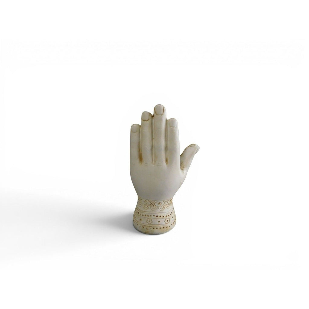 The Witches' Quest 5-inch beige resin palmistry hand sculpture with intricate antique-style engravings