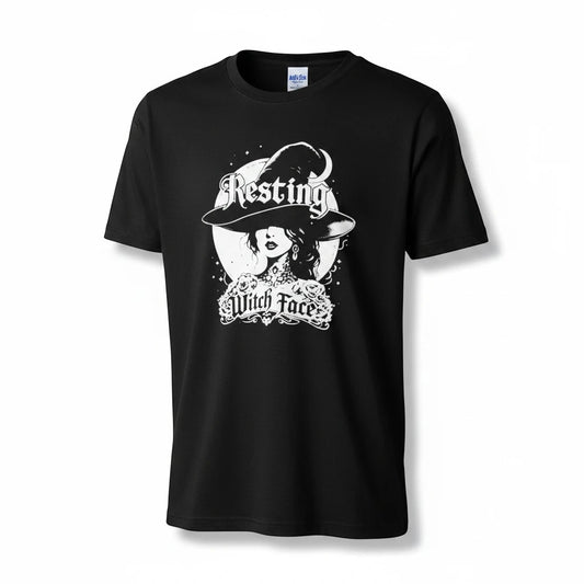 The Witches' Quest black unisex cotton t-shirt featuring a white distressed Resting Witch Face moon-witch graphic.