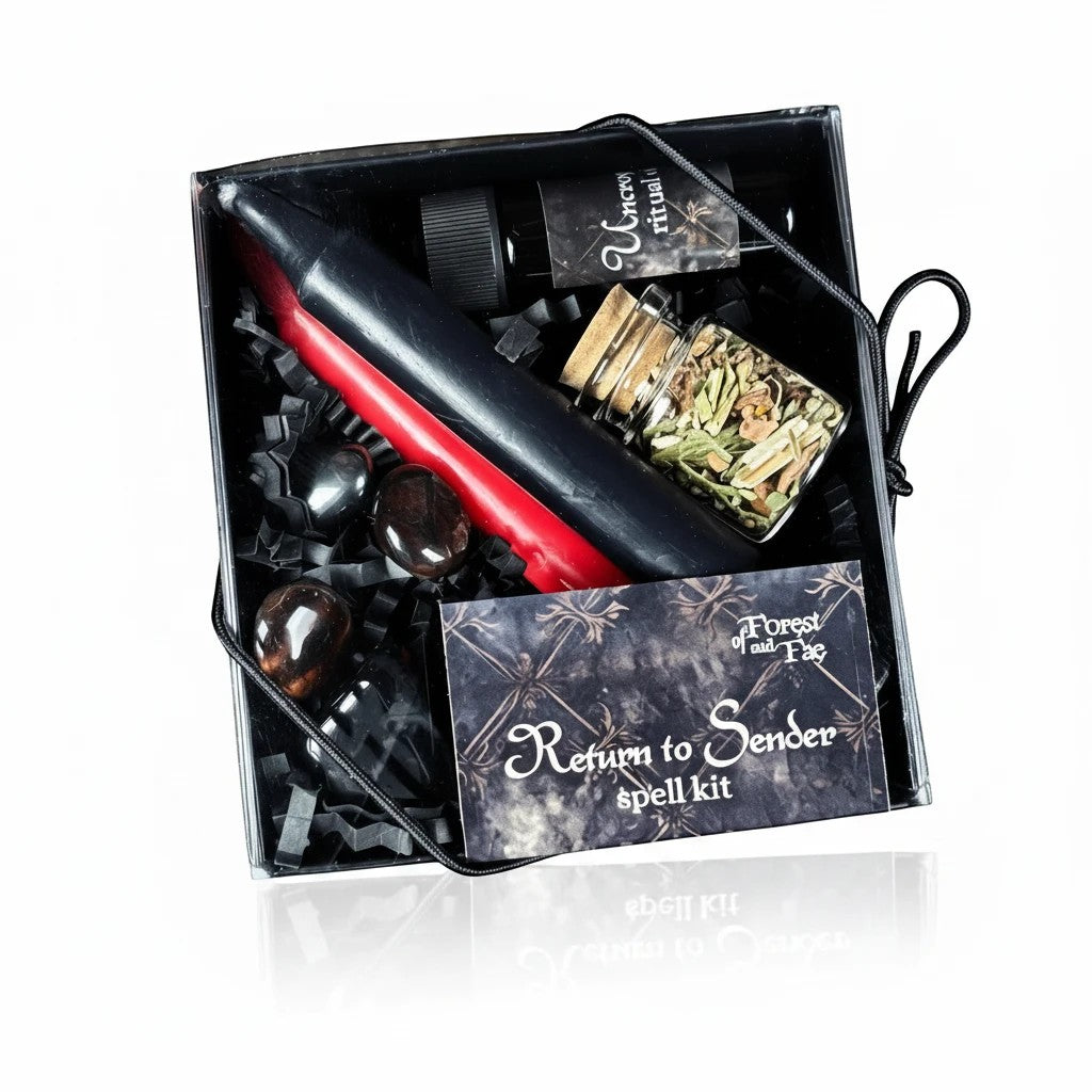 The Witches' Quest Return to Sender ritual kit featuring black and red candles, crystals, herb blend, and ritual oil.