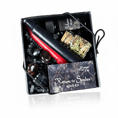 The Witches' Quest Return to Sender ritual kit featuring black and red candles, crystals, herb blend, and ritual oil.