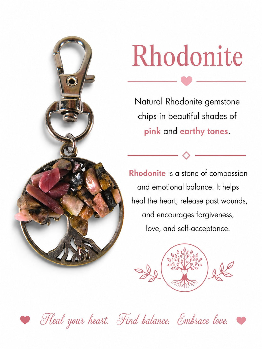 The Witches' Quest Rhodonite Tree of Life keychain with pink and earthy gemstone chips on a silver-toned metal pendant