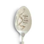 The Witches' Quest silver ritual spoon engraved with the text Stirring up a little magic and moon phase symbols