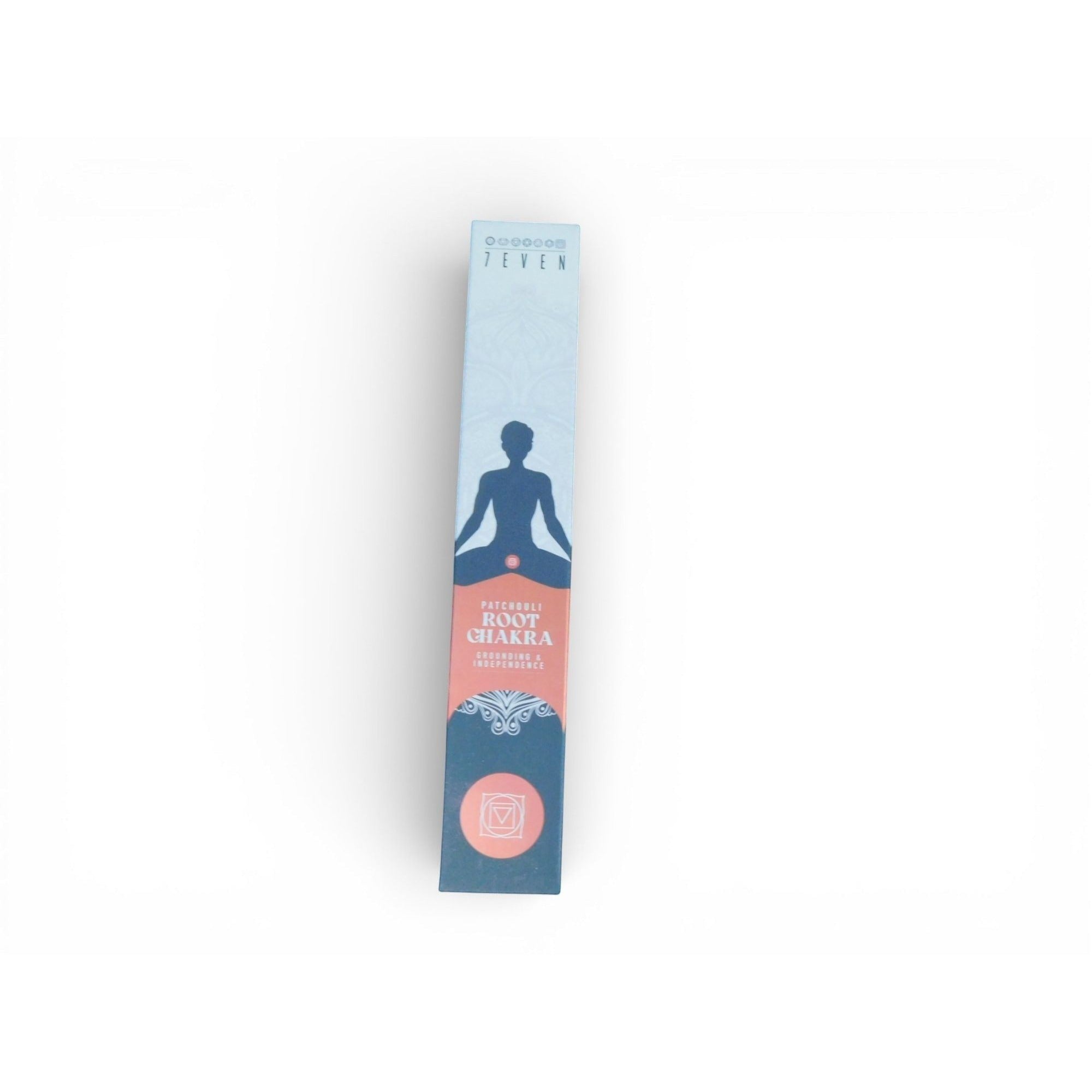 The Witches' Quest Root Chakra patchouli incense box with blue and coral design for meditation and grounding
