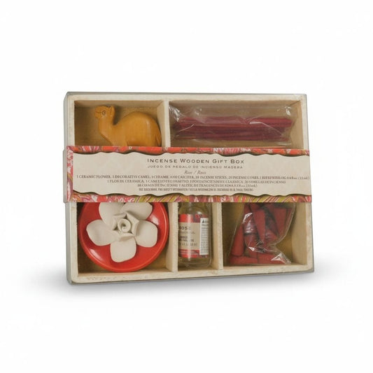 The Witches' Quest rose incense gift set in a wooden box with ceramic flower ash catcher, camel figure, and oil.