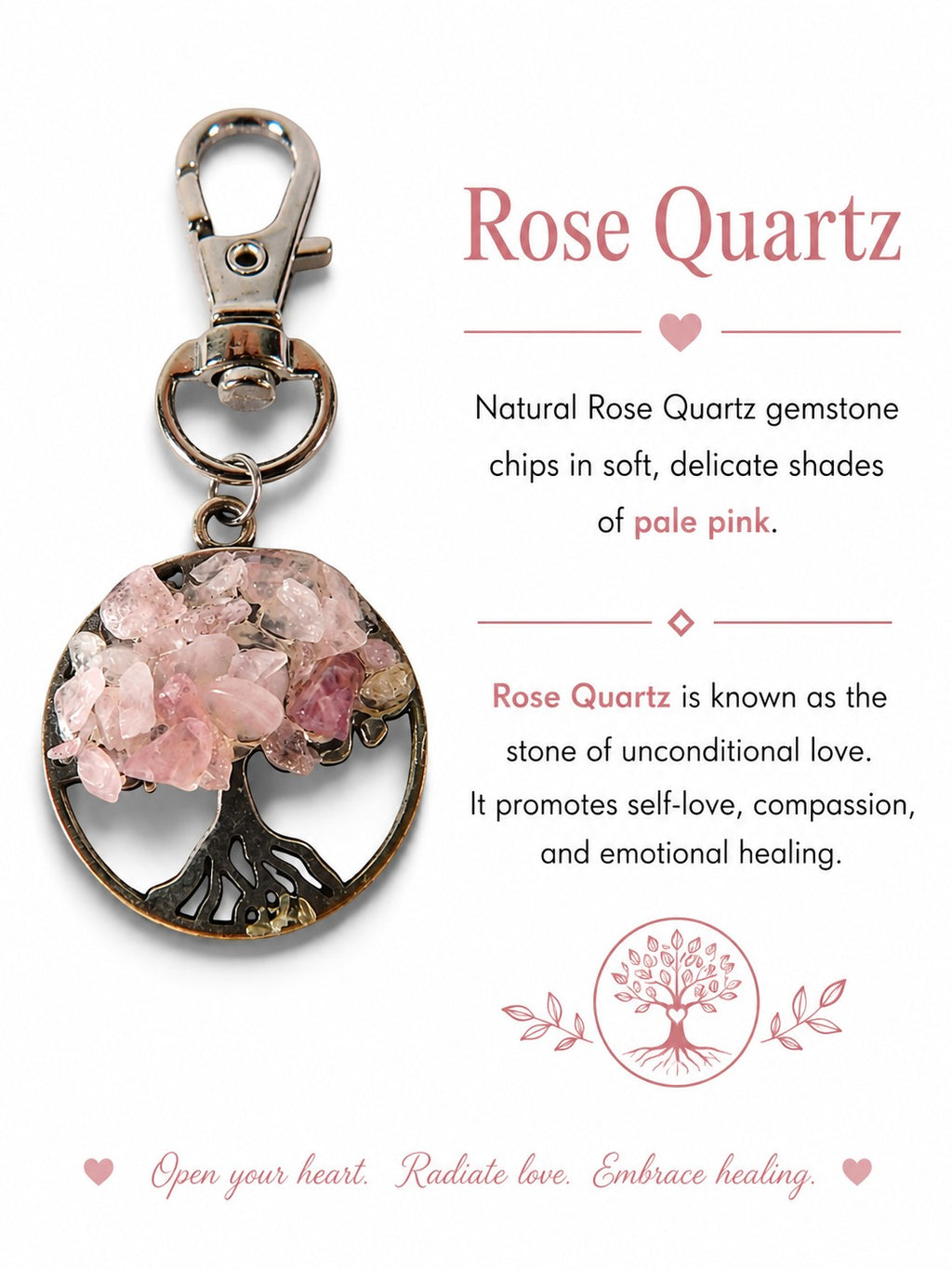 The Witches' Quest Tree of Life keychain with pale pink rose quartz gemstone chips on a silver-toned metal pendant.