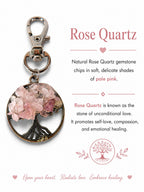 The Witches' Quest Tree of Life keychain with pale pink rose quartz gemstone chips on a silver-toned metal pendant.