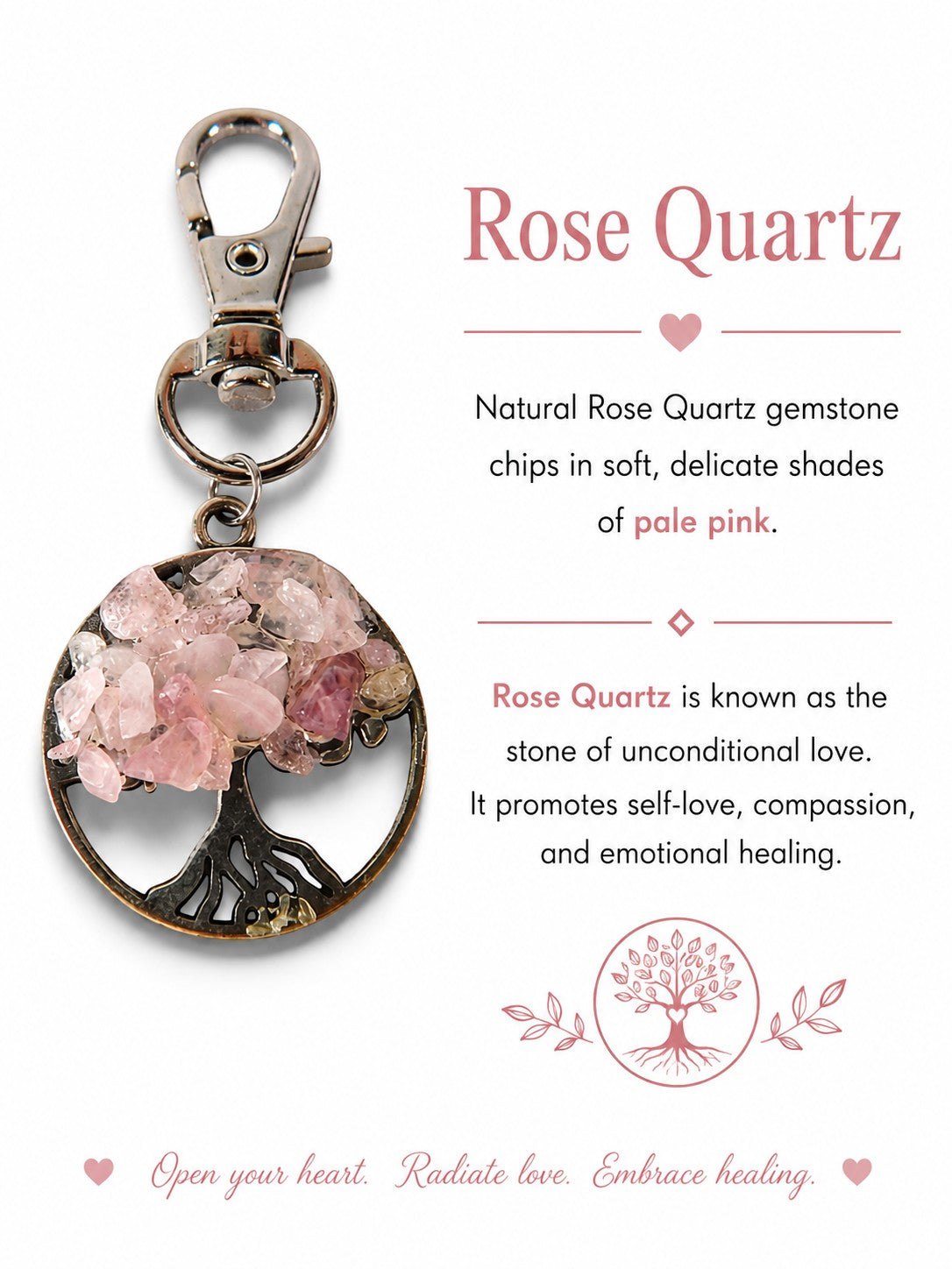 The Witches' Quest Tree of Life keychain with pale pink rose quartz gemstone chips on a silver-toned metal pendant.
