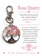 The Witches' Quest Tree of Life keychain featuring genuine rose quartz gemstone chips on a silver-toned metal pendant.