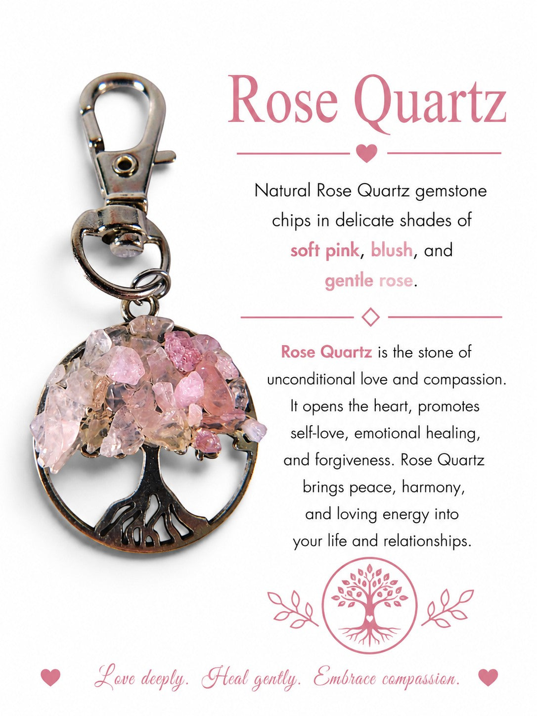 The Witches' Quest Tree of Life keychain featuring genuine rose quartz gemstone chips on a silver-toned metal pendant.