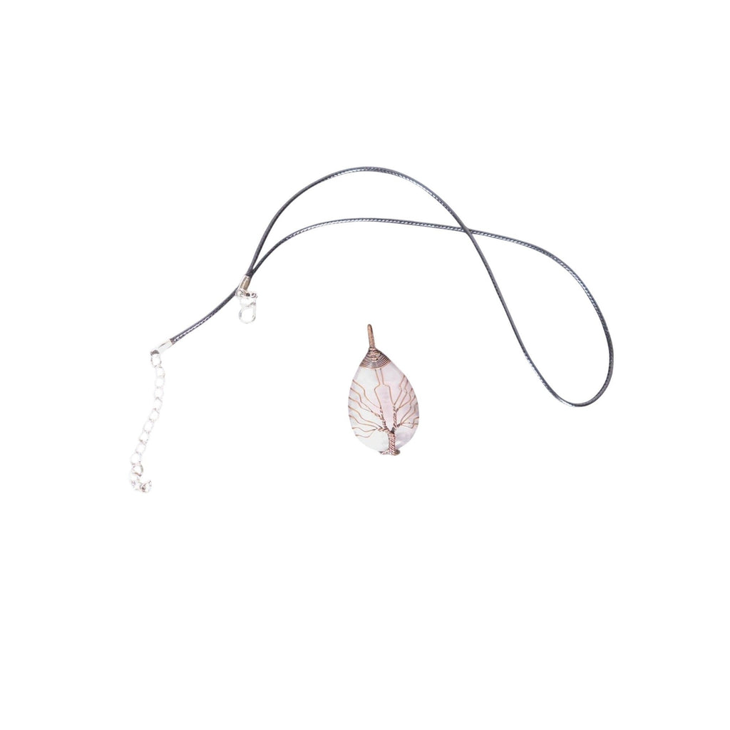The Witches' Quest rose quartz teardrop pendant with copper wire wrapped tree of life design on a black cord necklace.