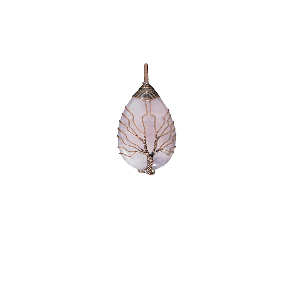 The Witches' Quest rose quartz teardrop pendant with intricate copper-tone wire wrapped tree of life design