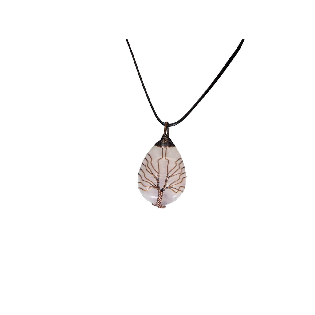 The Witches' Quest rose quartz teardrop pendant necklace with a copper wire wrapped tree of life design on a black cord
